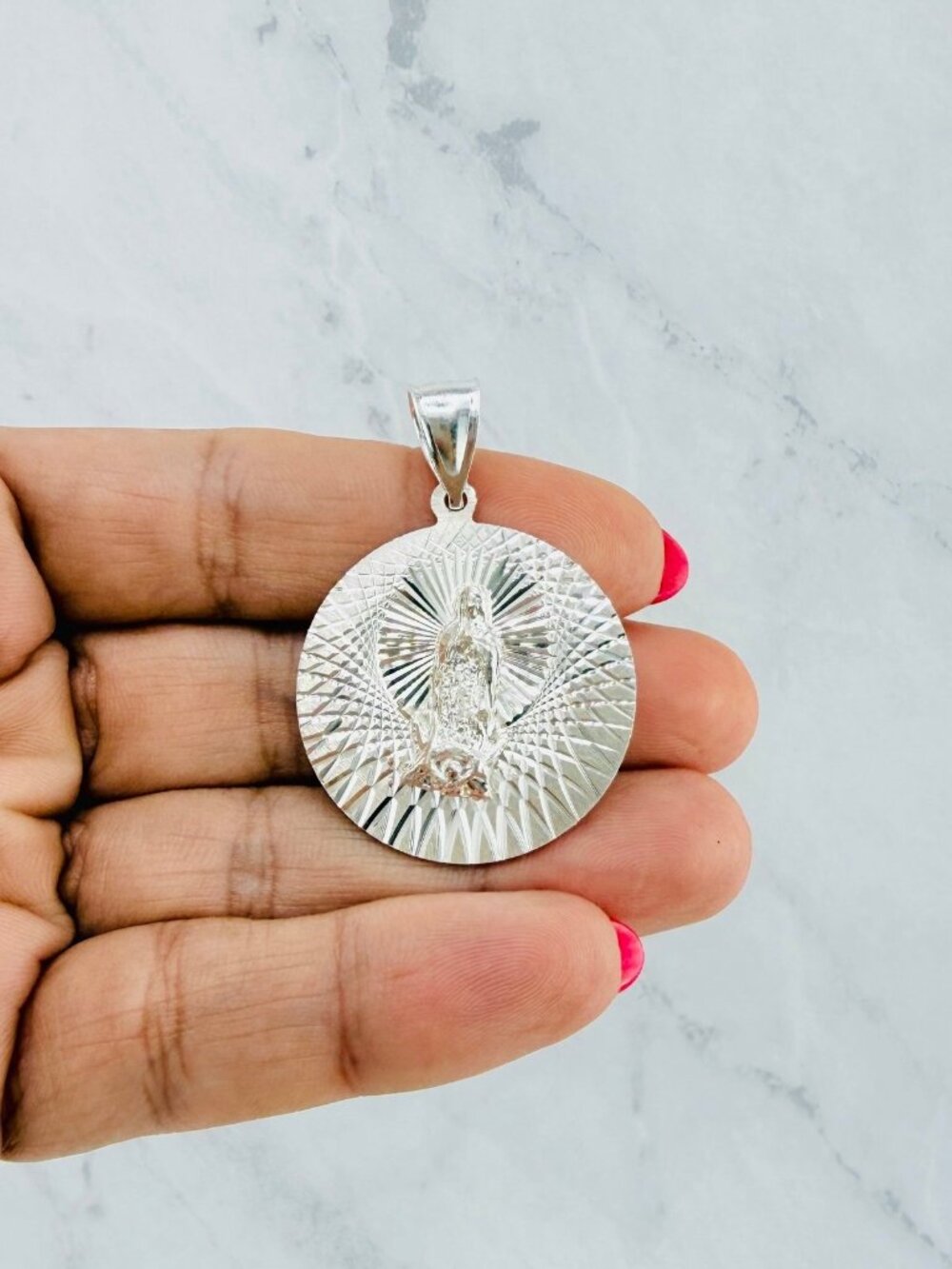 925 Sterling Silver Virgin Mary & Sacred Heart Medallion Pendant  virgen Sagrado